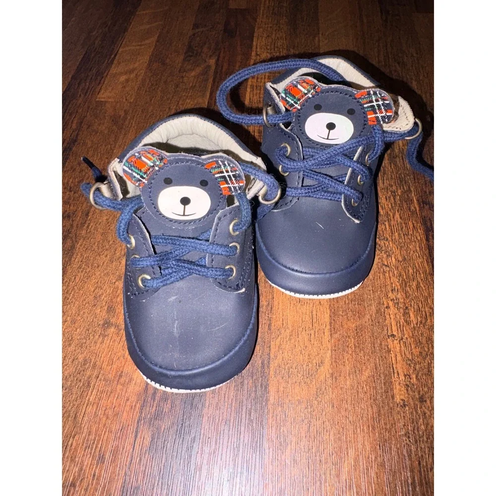 Goldbug Baby Bear Boots Navy Blue‎ Plaid Ears Soft Sole Crib Shoes Size 2 6-9M